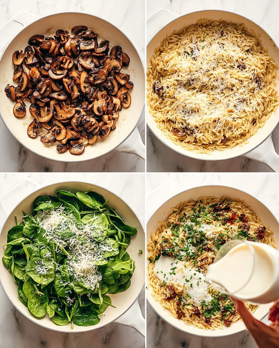 The image shows four steps of cooking a creamy mushroom orzo dish in a white pan set on a white marbled surface. The first layer is browned, sliced mushrooms scattered evenly in the white pan. The second layer adds a splash of cream poured over the mushrooms, making parts of them look glossy and wet. The third layer has cooked orzo pasta added on top, covering most of the mushrooms, with more cream being poured in from the side to blend with the orzo. The fourth and final layer shows fresh spinach leaves piled on top of the orzo and mushrooms, sprinkled with grated cheese and green herbs for garnish, creating a mix of green, white, and light yellow colors. A woman's hand pours cream into the pan in some frames. Photo taken with an iphone --ar 4:5 --v 7
