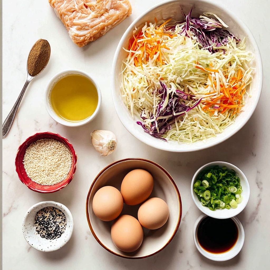 The image shows a flat lay of ingredients on a white marbled surface with a square block of uncooked instant noodles on the left. On the right, there is a large white bowl filled with shredded cabbage, orange carrot strips, and thin purple cabbage strips mixed together. Below the large bowl, three brown eggs sit in a round white bowl with a brown rim. Next to the eggs, a small white bowl with black speckles contains chopped green onions. Above this, a small white plate holds a mix of black and white sesame seeds. To the left of the plate, a small red bowl contains three garlic cloves and a small piece of ginger. There are three small white bowls at the top filled with liquids: a golden yellow oil, a dark soy sauce, and a dark reddish-brown sauce. A teaspoon filled with ground black pepper rests near the upper left. The scene is bright and clean, with clear details and natural colors. Photo taken with an iphone --ar 4:5 --v 7