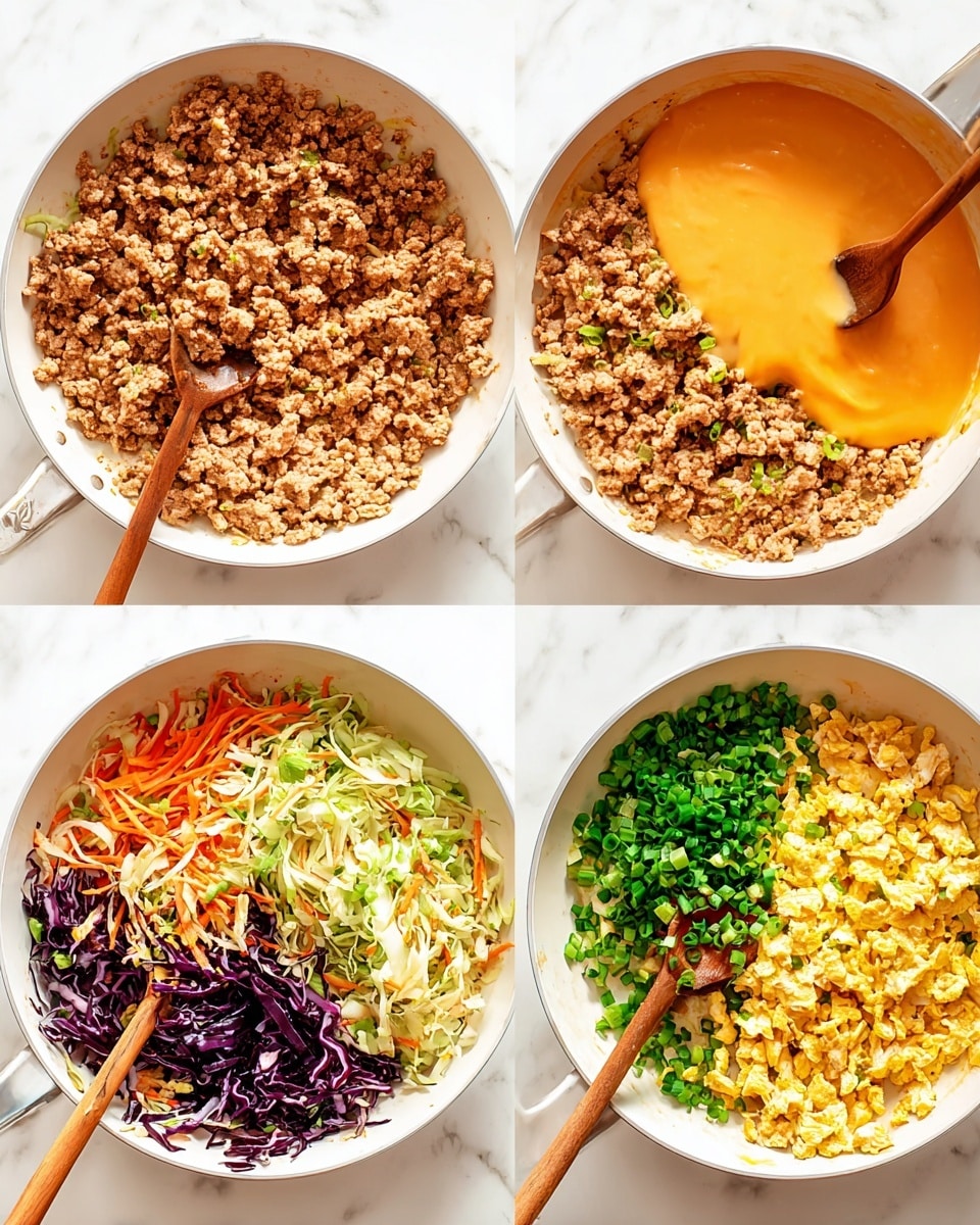 The image shows a sequence of four round white pans on a white marbled surface, each with different layers of food being cooked or added. In the first pan, cooked ground meat with a light brown color covers the entire bottom with a wooden spoon resting on the right side. The second pan contains a mix of shredded cabbage, orange carrot strips, and dark purple cabbage strands, all lightly stirred with the same wooden spoon. The third pan shows the shredded vegetables again but now a smooth, bright orange sauce is being poured on top from the right side. The fourth pan has the cooked meat and shredded vegetable mix separated into thirds, topped with chopped green onions on the middle, and a small portion of scrambled yellow eggs on the bottom right, all arranged neatly, with no stirring. Photo taken with an iphone --ar 4:5 --v 7