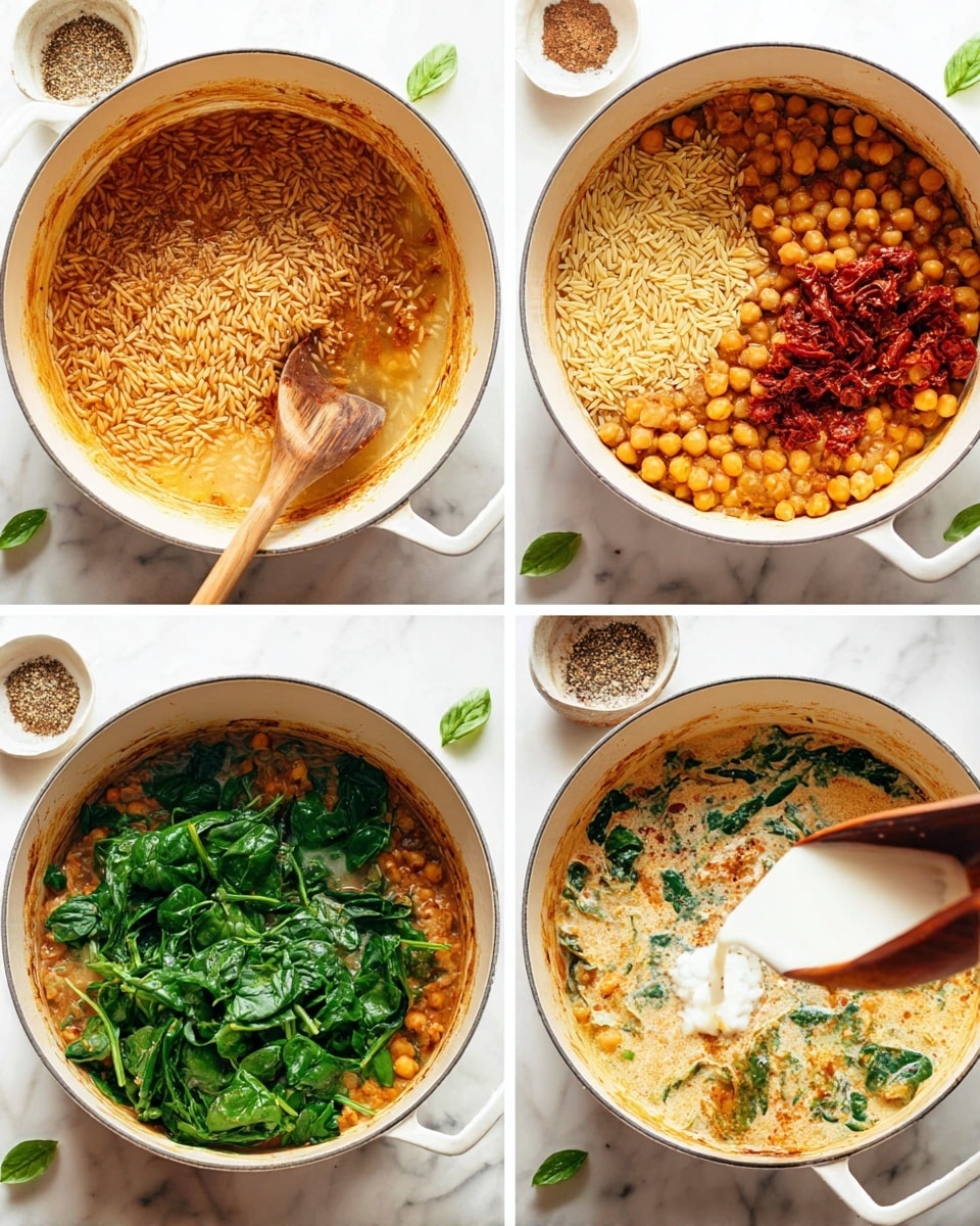 The image shows four steps of cooking a creamy chickpea and spinach stew in a white pot on a white marbled surface. The first step has a wooden spoon resting in the pot with cooked, golden-brown onions spread on the white pot’s bottom. The second step shows dry orzo pasta, chickpeas, and chopped sun-dried tomatoes in the pot with water being poured in, mixing with spices floating on top. The third step adds fresh, bright green spinach piled on top while a creamy white liquid is being poured over it. The fourth step shows the finished creamy stew with all ingredients mixed, displaying a thick texture with orange, cream, green spinach, and chickpea colors, and a wooden spoon lifting some stew. A small bowl with ground pepper and scattered basil leaves are nearby. Photo taken with an iphone --ar 4:5 --v 7