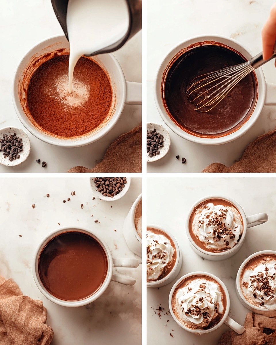 The image shows a top-down view of various ingredients arranged on a white marbled surface. In the top right, there is a white bowl with black specks filled with dark reddish cocoa powder with a spoon inside it. Below, a small bowl with a textured rim contains many chocolate chips. To the right of this bowl, there is a white jug filled with milk. On the left side, a white plate with gold specks holds two spoons: one black spoon with white powder and a white spoon with amber-colored liquid. A small reddish bowl filled with coarse white sugar is beside the plate. Scattered around are some small chocolate chips. Photo taken with an iphone --ar 4:5 --v 7