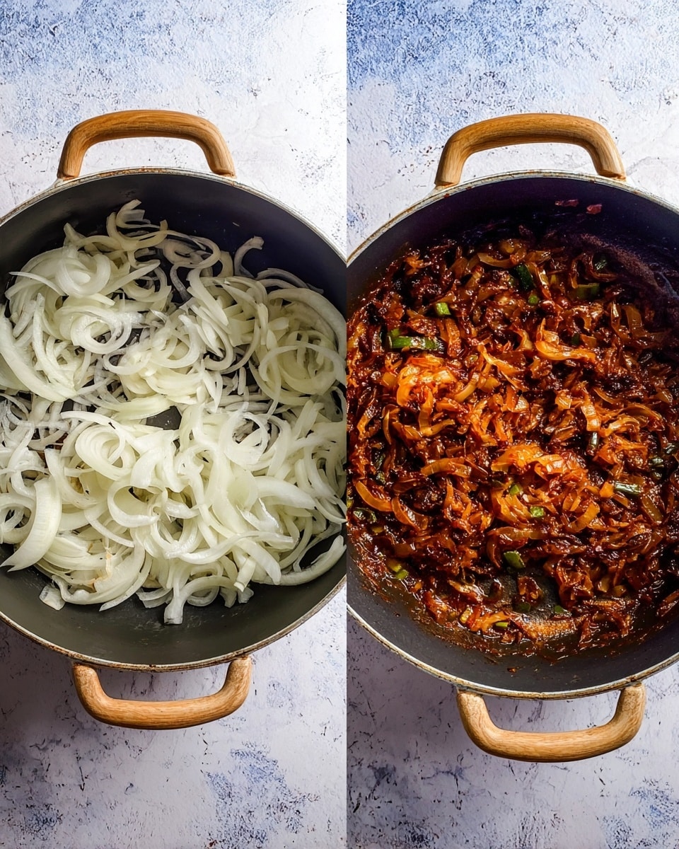 The image shows two round cooking pots side by side on a white marbled surface. The left pot holds a layer of thinly sliced, fresh white onions that look crisp and raw, filling the pot with a pale color and soft texture. The right pot contains the same onions cooked down into a rich, dark brown layer mixed with small pieces of green vegetables and a thick, saucy coating that looks spiced and caramelized, giving a textured and warm appearance. Both pots have light brown handles on each side. photo taken with an iphone --ar 4:5 --v 7