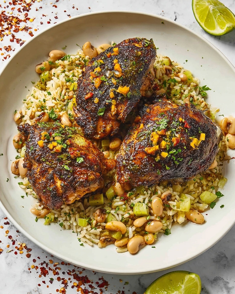 A white round plate holds three pieces of grilled chicken with a dark brown, slightly charred crust sprinkled with chopped green herbs and small orange pepper pieces. Below and around the chicken is a layer of cooked rice mixed with light beige beans, small bits of green celery, and finely chopped orange vegetables, garnished with small lemon wedge pieces. The plate sits on a white marbled surface scattered with red pepper flakes and lime wedges. Photo taken with an iphone --ar 4:5 --v 7