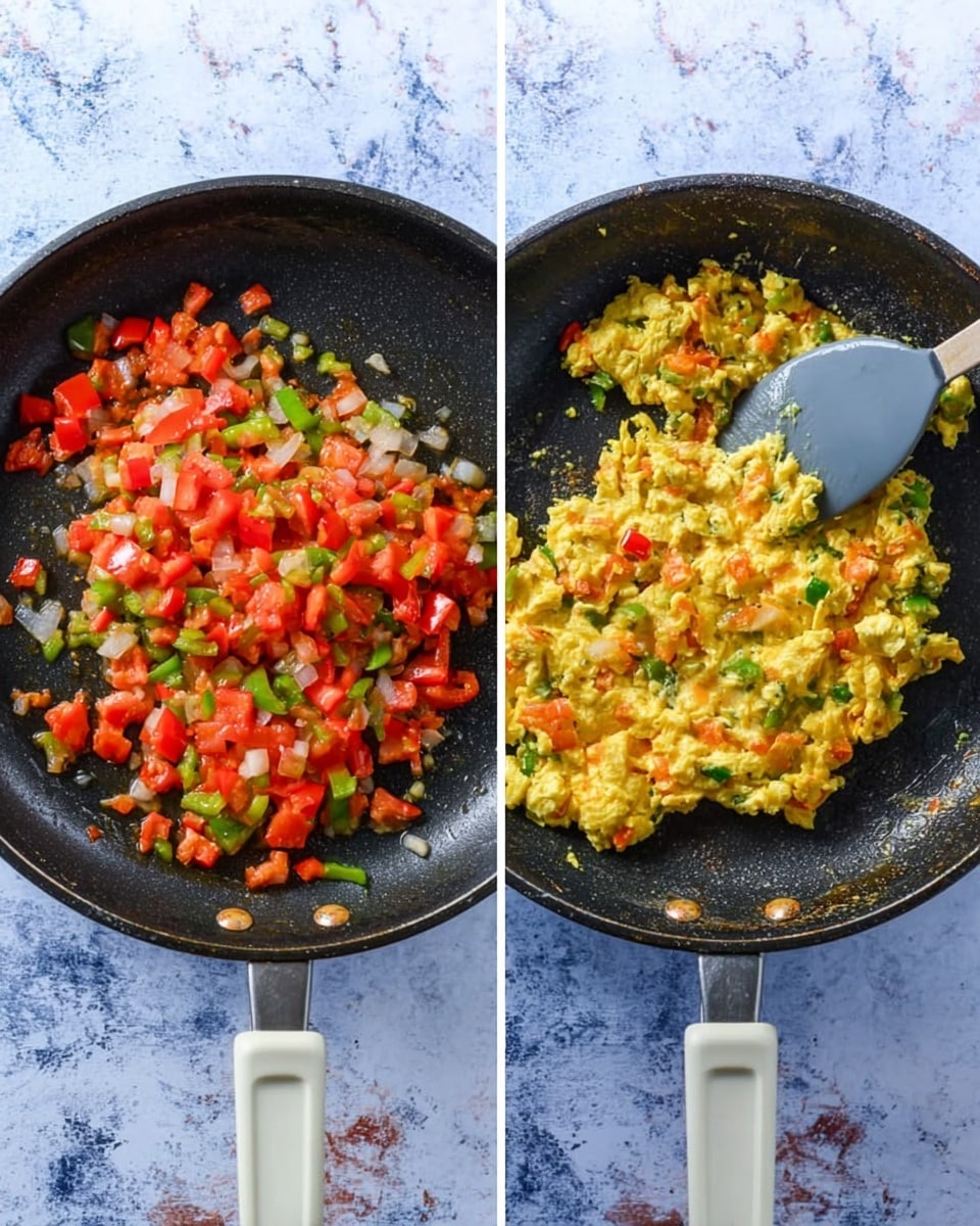 Two side-by-side images show a black frying pan with white handles on a white marbled surface. The left image has chopped red tomatoes, green peppers, and white onions spread evenly in one layer inside the pan, showing fresh vibrant colors with a shiny texture. The right image shows a thicker layer of scrambled eggs mixed with the same vegetables, creating a creamier, soft texture with yellow, red, green, and white colors all blended together, and a gray spatula lifting part of the eggs inside the pan. Photo taken with an iphone --ar 4:5 --v 7