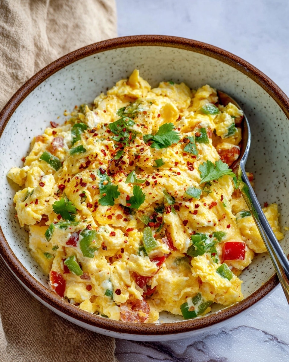 A close-up of a bowl full of creamy scrambled eggs mixed with diced green peppers and red tomatoes, garnished with a sprinkle of red pepper flakes and fresh green cilantro leaves on top. The eggs are soft and fluffy, showing bright yellow and white colors mingled with the green and red vegetable pieces. The bowl itself is white with a speckled texture and brown rim, placed on a white marbled surface with a beige cloth nearby. A silver spoon is resting inside the bowl, partially submerged in the eggs photo taken with an iphone --ar 4:5 --v 7