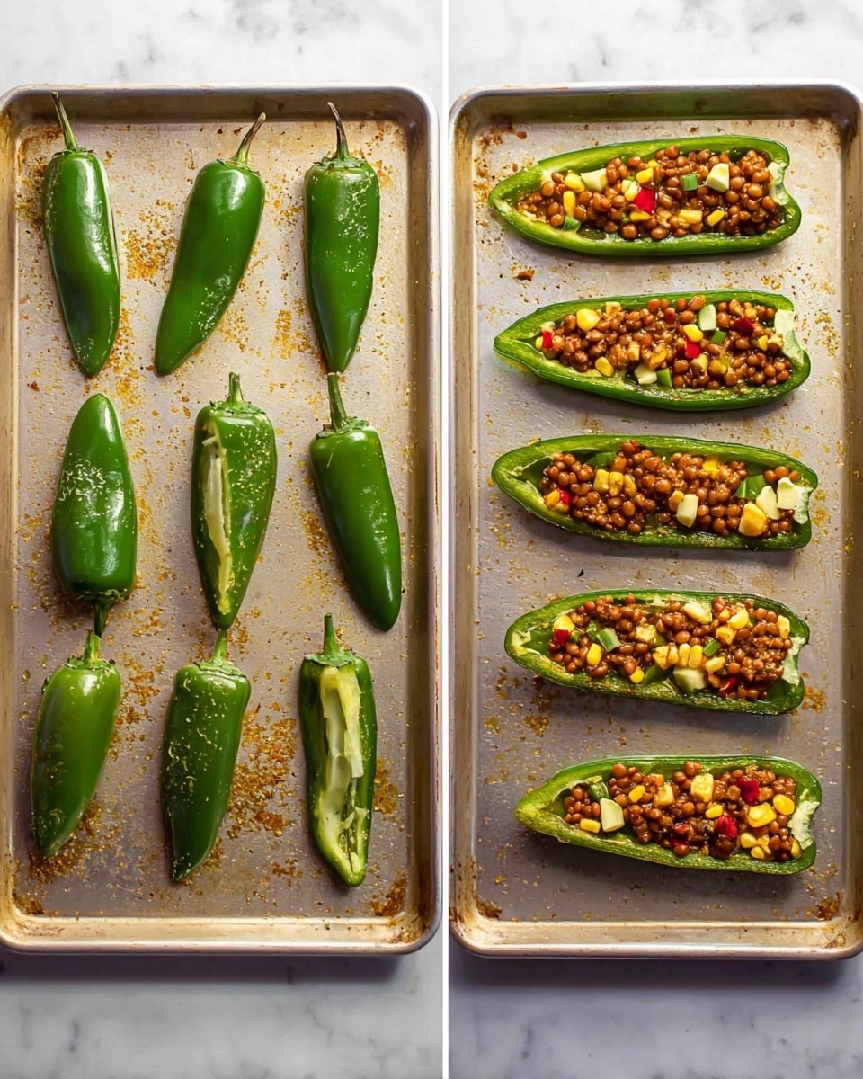 A black pan filled with cooked mixture of rice, black beans, tomato pieces, and small orange vegetable bits sits on a white marbled textured surface. Beside it, there are eight green bell pepper halves arranged in two rows on a baking sheet with a tan mat underneath. The peppers are hollowed out, showing their smooth, shiny inside texture. photo taken with an iphone --ar 4:5 --v 7