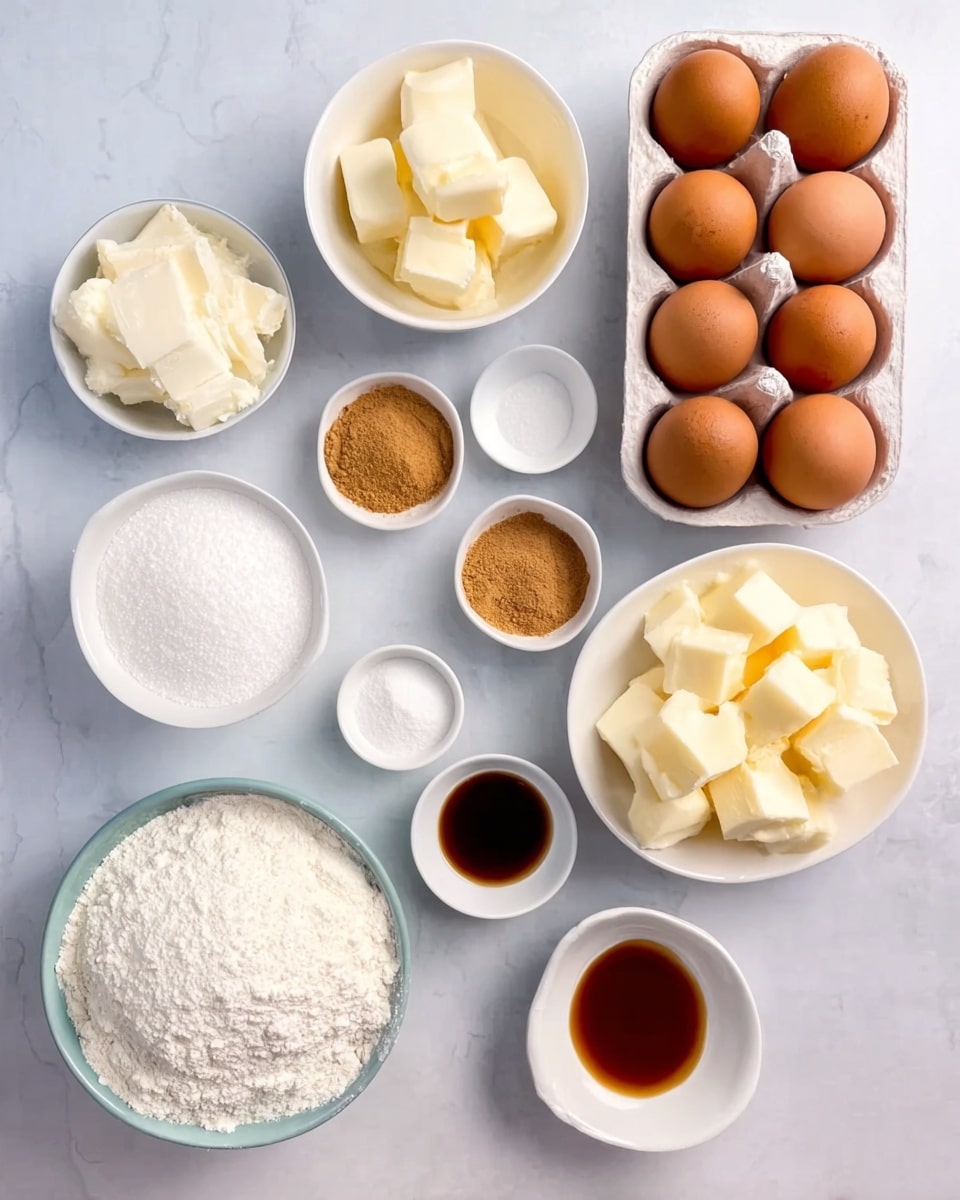 The image shows ten different ingredients in white bowls and trays on a white marbled surface. There are six brown eggs in a white tray on the top right. Below this are two white bowls filled with cubed butter and a white soft ingredient. To the left of these bowls, there is a larger white bowl filled with white flour, and next to it on the left is a white bowl with white sugar. Above these, smaller white dishes hold brown sugar, vanilla extract, baking powder, and salt, each with distinct colors such as dark amber, light brown, bright white, and small white crystals. The arrangement is neat and spaced evenly, creating a clean and simple look. photo taken with an iphone --ar 4:5 --v 7