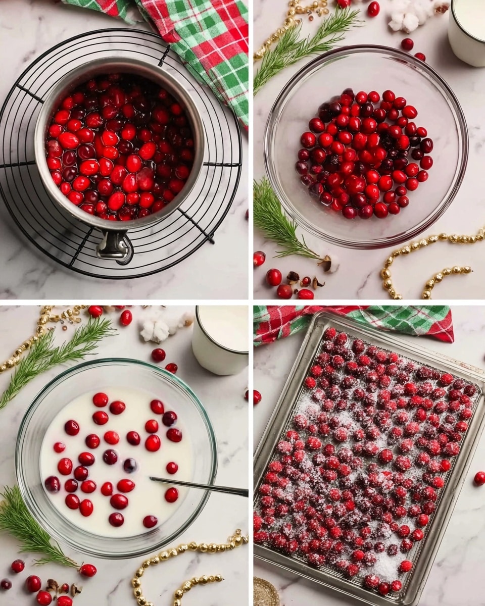 The image shows four steps of making sugared cranberries. In the first step, bright red cranberries sit in a silver pot filled with a clear syrup, placed on a black round wire cooling rack over a white marbled surface. In the second step, a clear glass bowl on the white marbled surface holds white sugar with bright red cranberries mixed inside, with a black spoon and a green and red checkered cloth nearby. In the third step, bright red cranberries are spread out evenly on a black wire cooling rack above the white marbled surface with some gold beads and a white mug in the background. In the last step, the cranberries are coated in sparkling white sugar and spread out on a transparent tray on the white marbled surface, with green rosemary sprigs and a gold bead chain nearby. Photo taken with an iphone --ar 4:5 --v 7