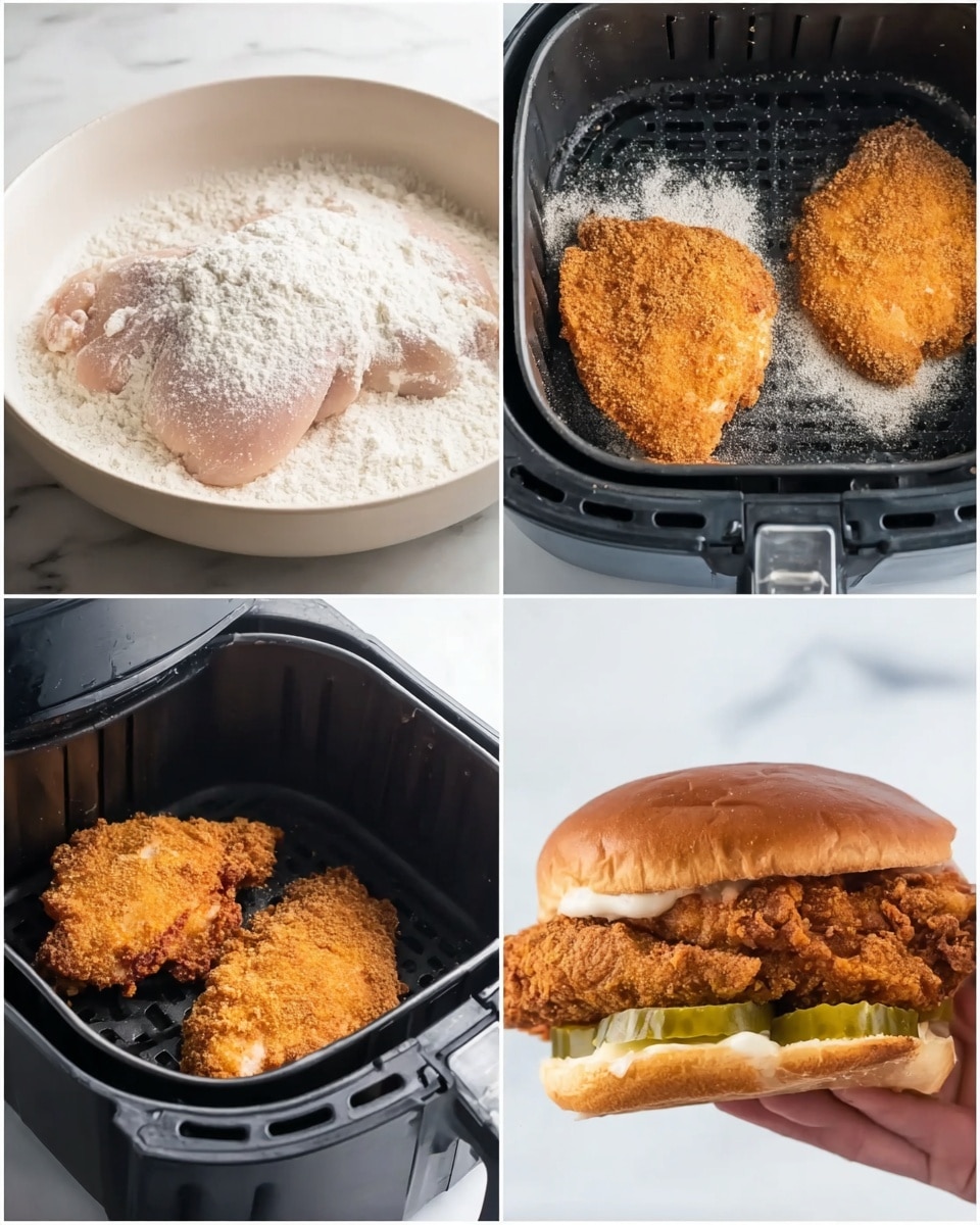 The image shows four stages of making a fried chicken sandwich. The first part shows a raw chicken piece placed on a layer of white flour in a white bowl. The second shows two breaded chicken pieces inside a black air fryer basket, coated lightly with batter and flour, slightly wet with some bubbles forming. The third part shows the same chicken pieces now golden brown and crispy in the black air fryer basket. The last part shows a finished sandwich on a slightly toasted brown bun with two pieces of crispy chicken, green pickles at the bottom, all placed on a white marbled surface with a blurred background. A woman's hand is holding the sandwich from the side. Photo taken with an iphone --ar 4:5 --v 7