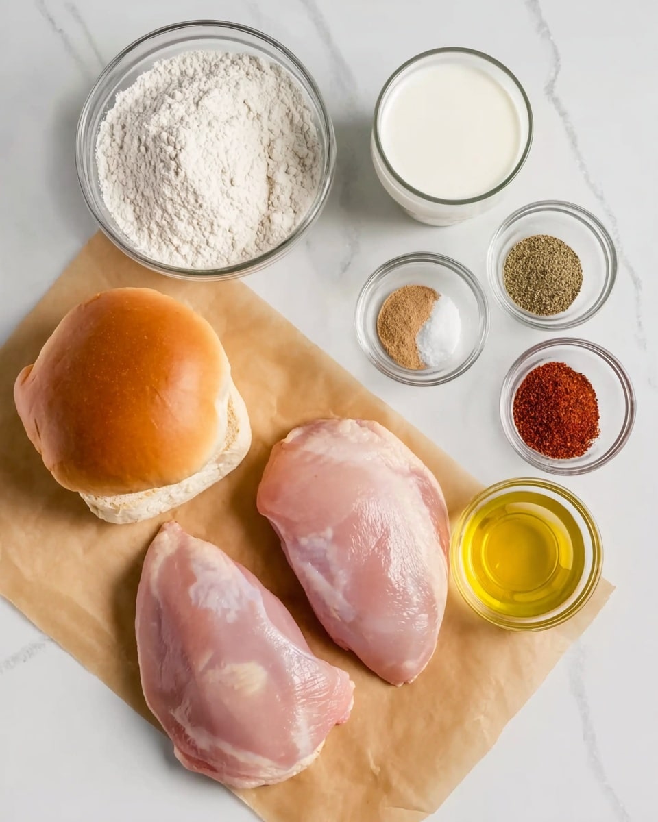 Two raw chicken pieces with a pale pink color lie on a piece of brown parchment paper at the bottom right of the image. To the left of the chicken, there are two golden brown sandwich buns stacked on top of each other. Above them, a clear glass bowl filled with white flour is placed. To the right of the flour, there are two small clear bowls, one with a white powder and light brown powder, the other with four spices in different colors: dark green, light brown, red, and beige. To the right of these, a glass cup filled with white milk is placed. Above the milk and spices, a small round bowl filled with yellow oil completes the arrangement. All items rest on a white marbled surface. photo taken with an iphone --ar 4:5 --v 7