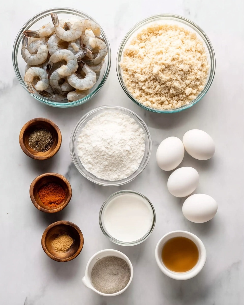 The image shows a top view of several glass bowls and small wooden bowls arranged neatly on a white marbled surface. At the center is a large glass bowl filled with raw grey shrimp with tails. Above it is another large glass bowl filled with a pale beige crumb-like ingredient. Below the shrimp bowl, slightly to the right is a medium glass bowl with white flour, and below that is another medium glass bowl containing fluffy white rice. To the left of the shrimp bowl, three small wooden bowls are stacked vertically, holding black pepper, orange powder spice, and salt respectively. To the right of the shrimp bowl, a small white ceramic container holds two white eggs, and next to it is a small glass bowl with a light brown liquid. Another small white bowl with a greyish paste is placed below the wooden bowls. The arrangement is clean and well-spaced, all set on a white marbled surface photo taken with an iphone --ar 4:5 --v 7