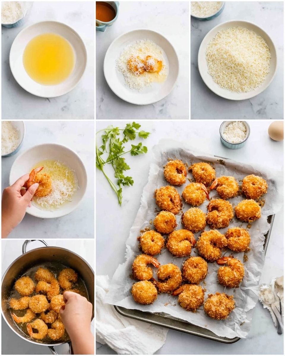 A sequence of six images shows the making of breaded fried shrimp. The first image displays a white plate filled with beaten egg and bowls of breadcrumbs and shredded coconut on a white marbled surface. The second image shows a white plate with beaten egg and a woman's hand dipping a shrimp into the egg. The third image has a bowl with shredded coconut and a woman's hand coating shrimp in it, all on a white marbled surface. The fourth image shows a baking tray lined with parchment paper, filled with many breaded shrimp balls arranged neatly. The fifth image shows a pot of hot oil with a spatula holding fried shrimp that are golden brown. The last image presents a pile of the crispy, fried shrimp on white paper towels on the white marbled surface, with some green herbs and a small bowl of dipping sauce nearby. photo taken with an iphone --ar 4:5 --v 7