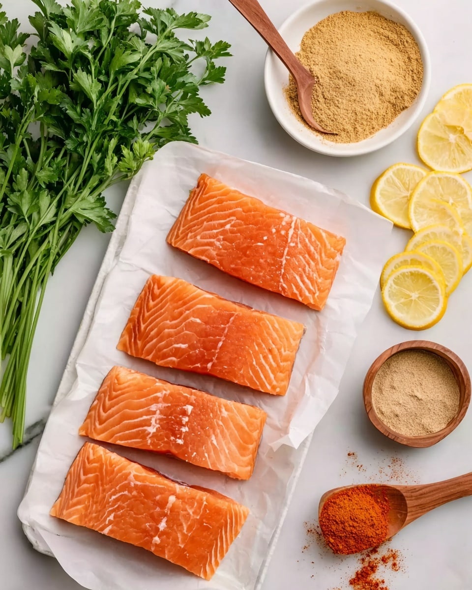 The image shows four fresh orange-pink salmon fillets with white lines, placed neatly on white parchment paper over a white rectangular plate. To the left, there is a bunch of green parsley laying on a white marbled surface. Above the parsley, there is a small white bowl filled with a light brown powder and a wooden spoon resting inside. Next to it, there's a wooden spoon with bright reddish-orange powder spilling onto the white marbled surface. A small wooden bowl holds a beige powder with a tiny wooden spoon on top. Near the top center, a row of thin, pale yellow lemon slices is arranged in a slightly overlapping line on the white marbled surface. photo taken with an iphone --ar 4:5 --v 7