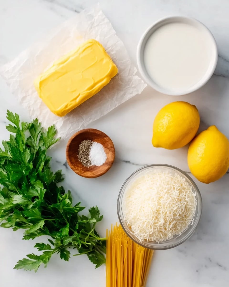 The image shows several ingredients placed on a white marbled surface arranged neatly with a small bunch of fresh green parsley in the bottom left corner. Above it is a rectangular piece of yellow butter placed on a square piece of parchment paper. To the right of the butter is a small white bowl filled with milk. Below the milk is a small wooden bowl containing salt and black pepper. Near the center right are two whole yellow lemons, one near the top right and one near the bottom center. A round transparent bowl with white shredded cheese inside is placed near the bottom right, above a small bundle of uncooked yellow spaghetti. The colors in the image are bright and fresh, with natural lighting. Photo taken with an iphone --ar 4:5 --v 7