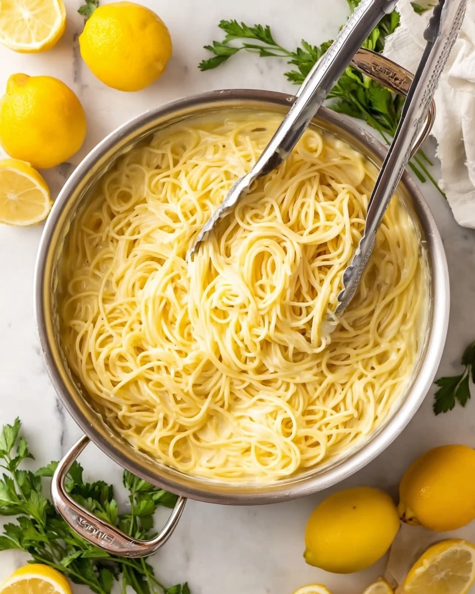 A large silver pot filled with creamy yellow spaghetti noodles covered in a smooth, light sauce, with metal tongs lifting some noodles in the center. Around the pot, there are whole yellow lemons and sprigs of green parsley placed on a white marbled surface, adding fresh and bright touches to the scene. Photo taken with an iphone --ar 4:5 --v 7