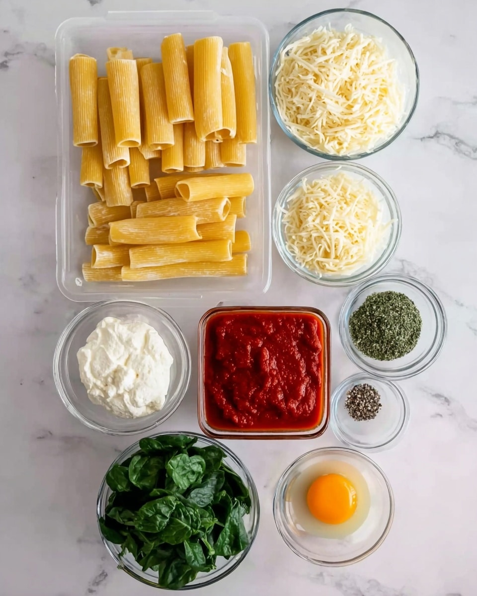 The image shows eight uncooked rigatoni pasta pieces in a clear plastic tray at the bottom left. Above the tray, there are three small glass bowls in a triangle: the top one filled with white ricotta cheese, the right one with shredded mozzarella, and the left one with grated Parmesan cheese. In the center, a square glass bowl is filled with bright red marinara sauce. To the right of the sauce, there's a small round glass bowl of dried herbs. Below that, a medium round glass bowl holds chopped fresh green spinach leaves. At the bottom right, a small glass bowl contains a beaten egg with orange yolk visible. At the bottom left, a small round glass bowl holds salt and black pepper. The setup is displayed on a white marbled surface. Photo taken with an iphone --ar 4:5 --v 7