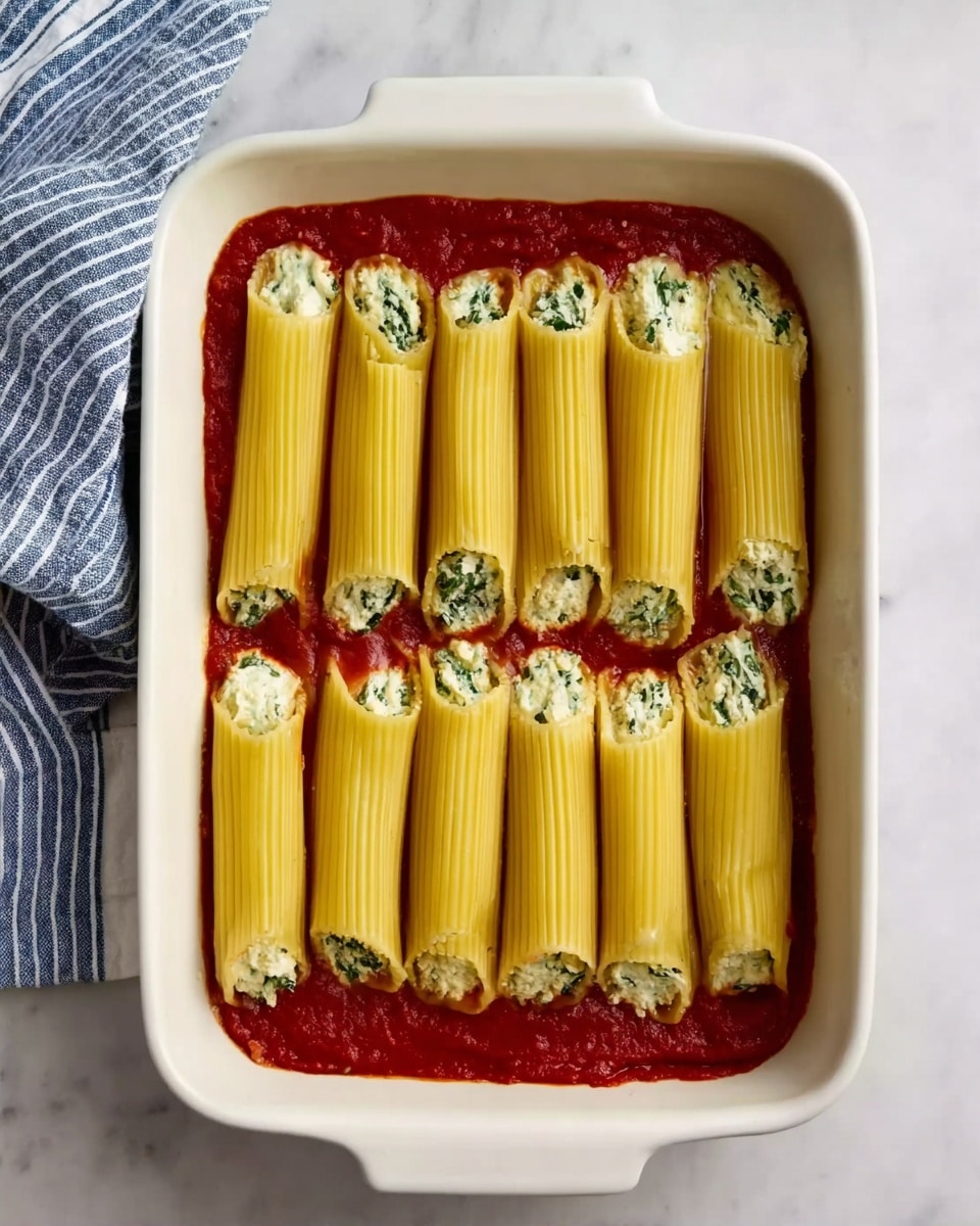 A white rectangular dish filled with a layer of deep red tomato sauce at the bottom. On top, two rows of six long pasta tubes, golden yellow in color and standing upright. Each pasta tube is stuffed with a creamy white filling mixed with green herbs, visible at the open tops. The dish is placed on a white marbled surface with a blue and white striped cloth to the left side. Photo taken with an iphone --ar 4:5 --v 7