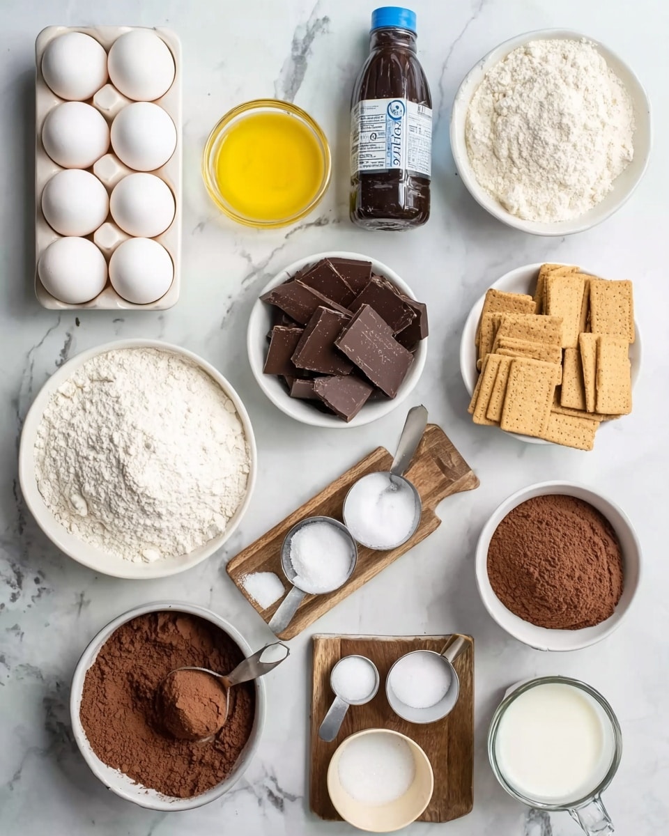 The image shows various baking ingredients arranged neatly on a white marbled surface. There are two rows of white eggs on the left side, next to a small glass of yellow liquid, probably melted butter, and a dark plastic bottle with a blue cap labeled vanilla. Surrounding these are several white bowls filled with different items: one bowl with broken pieces of milk chocolate, another containing square light brown crackers, a large bowl of white flour, a bowl with dark brown cocoa powder, and another bowl with light brown sugar. Also visible are a small glass of milk, a bowl with more melted butter, and two measuring cups – one with white granulated sugar and the other with light brown sugar. A small wooden board holds three small white piles, one with salt and the other two with white powders, placed near the center. The overall arrangement creates a clean, orderly look with natural light. Photo taken with an iphone --ar 4:5 --v 7