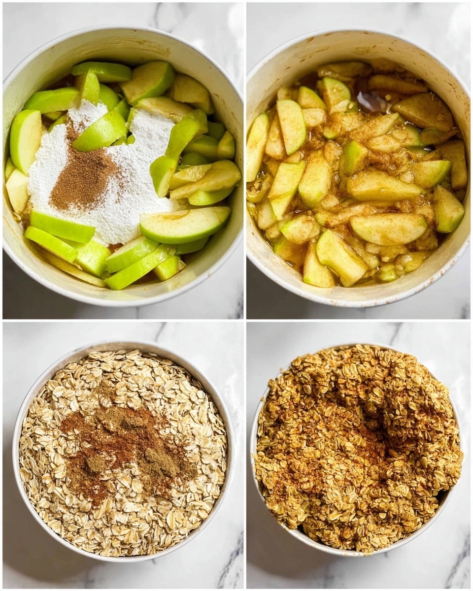 The first layer shows green apple slices in a white pot with white sugar and brown cinnamon powder sprinkled on top. The second layer is the same apple slices now cooked, with a golden brown color and a slight bubbling texture around them in the white pot. The third layer shows a mix of light brown rolled oats, darker brown brown sugar, and cinnamon powder all together on a white marbled surface. The last layer is the same oats mixture now mixed and clumped with a golden toasted color arranged in a ring shape on the white marbled surface. photo taken with an iphone --ar 4:5 --v 7