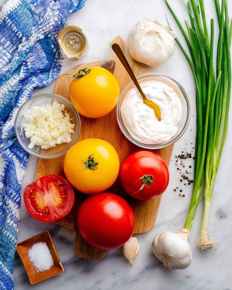The image shows a wooden board placed on a white marbled surface, holding six whole tomatoes in two colors: three bright yellow and three red, with one red tomato cut in half revealing its juicy inside. Two small clear glass bowls sit on the board, one filled with white thick cream having a golden spoon inside and the other with minced garlic. Around the board, there are a whole garlic bulb, a small glass cup with clear liquid, a small wooden tray with white salt and black pepper, and a bunch of fresh green onions on the right side. A blue and white kitchen towel is partially visible on the left side. Photo taken with an iphone --ar 4:5 --v 7