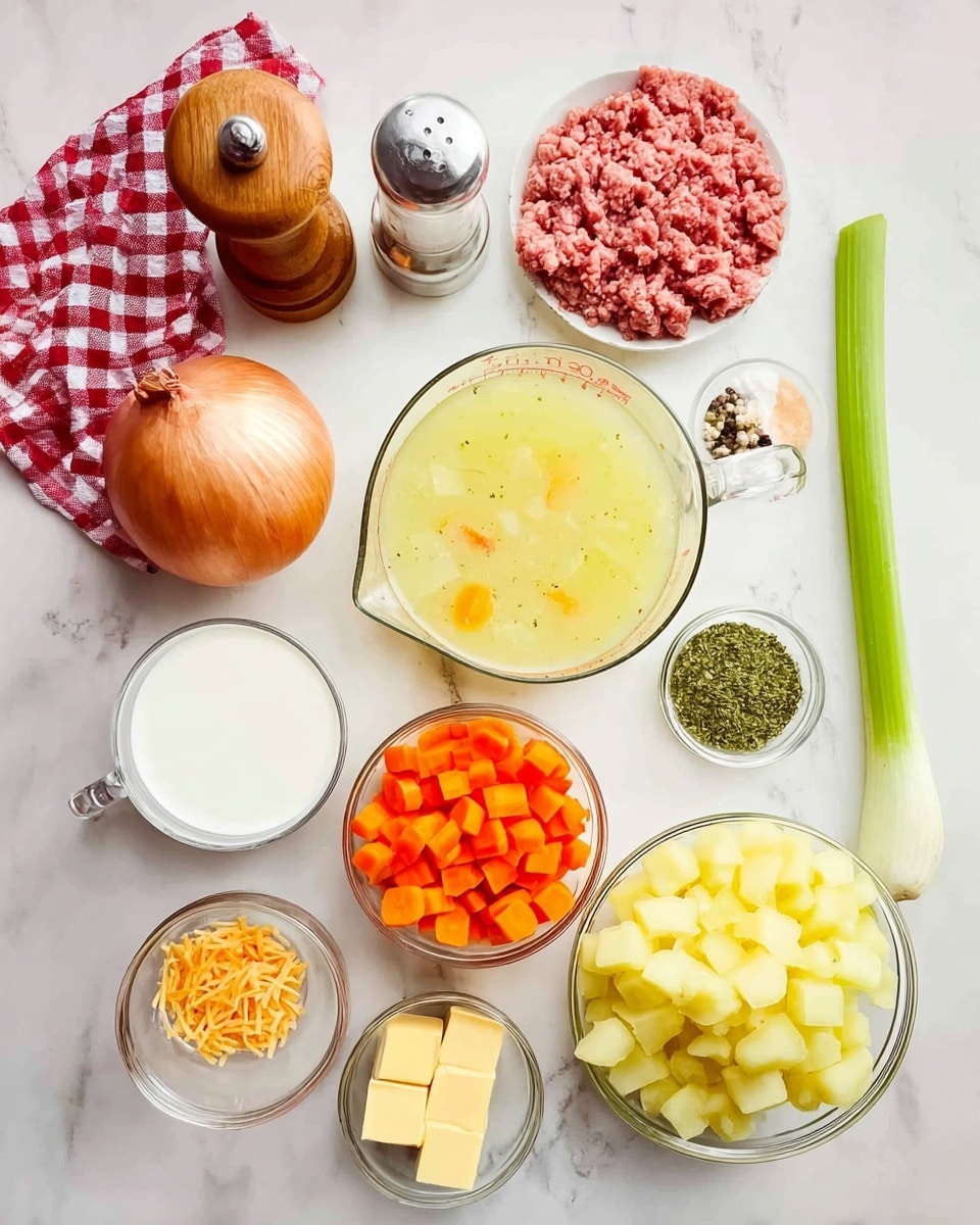 The image shows a top view of cooking ingredients placed neatly on a white marbled surface. In the center, there is a clear glass measuring cup filled with light yellow broth with small bits on top and a green knife handle resting nearby. To the left, a round clear bowl holds raw ground meat that is pink and white in color. Below that, a white measuring cup contains white milk. Further down, a clear bowl is filled with yellow chopped potatoes. To the right of the potatoes, a small clear bowl contains bright orange diced carrots. Above the carrots, a whole brown onion sits directly on the surface. Next to it, a small clear bowl has light yellow cubed butter. Above the butter, a smaller clear bowl holds a green herb powder, and near it, another holds a light brown powder. Near the top, a clear bowl contains bright orange shredded cheese. Near the top left, there is a wooden salt and pepper holder with salt and black pepper. A green celery stick lies near the bottom left, and in the top left corner, a red and white checkered cloth is slightly folded. photo taken with an iphone --ar 4:5 --v 7
