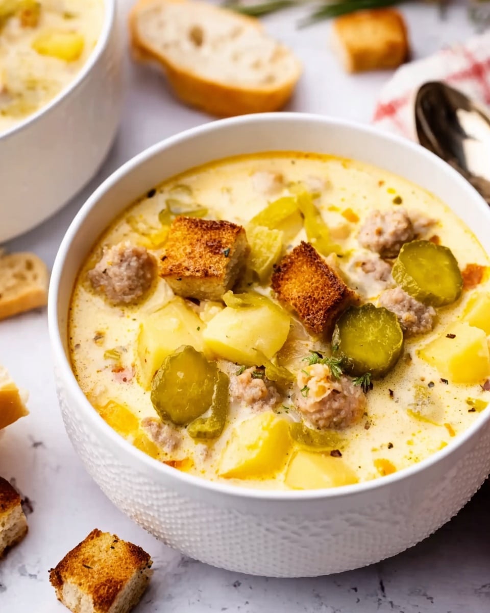 A white bowl filled with creamy soup showing several layers and textures: light yellow creamy base with pieces of light brown sausage, green pickle slices, and small golden-brown croutons scattered on top. The soup also has chunks of light yellow potatoes mixed in. In the background, there is a white marbled surface with a spoon and some bread pieces placed around the bowl. The bowl has a subtle textured pattern on its outside. photo taken with an iphone --ar 4:5 --v 7