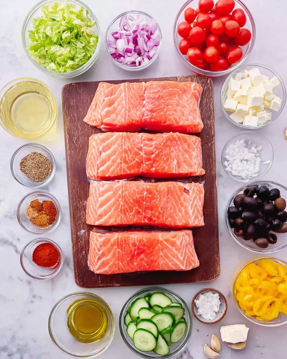 The image shows four large pieces of raw salmon with a light pink color and white fat lines, arranged side by side on a dark wooden board placed on a white marbled surface. Surrounding the cutting board are multiple small clear glass bowls holding fresh ingredients: at the top left, light green chopped lettuce; next to it, bright red cherry tomatoes; thin purple onion slices at the top right; black olives to the right of the salmon; finely chopped white garlic, a silver liquid oil, and a small empty bowl are near the olives. Below the salmon are small bowls with vibrant spices in red, white, yellow, dark brown, green/gray herbs, minced garlic, and light olive oil. At the bottom of the image are bowls with sliced green cucumber, bright yellow bell pepper rings, and white crumbled cheese. Small garlic cloves and a half-cut cherry tomato lie around the board. The scene is brightly lit, fresh, and colorful with a clean, organized look. photo taken with an iphone --ar 4:5 --v 7