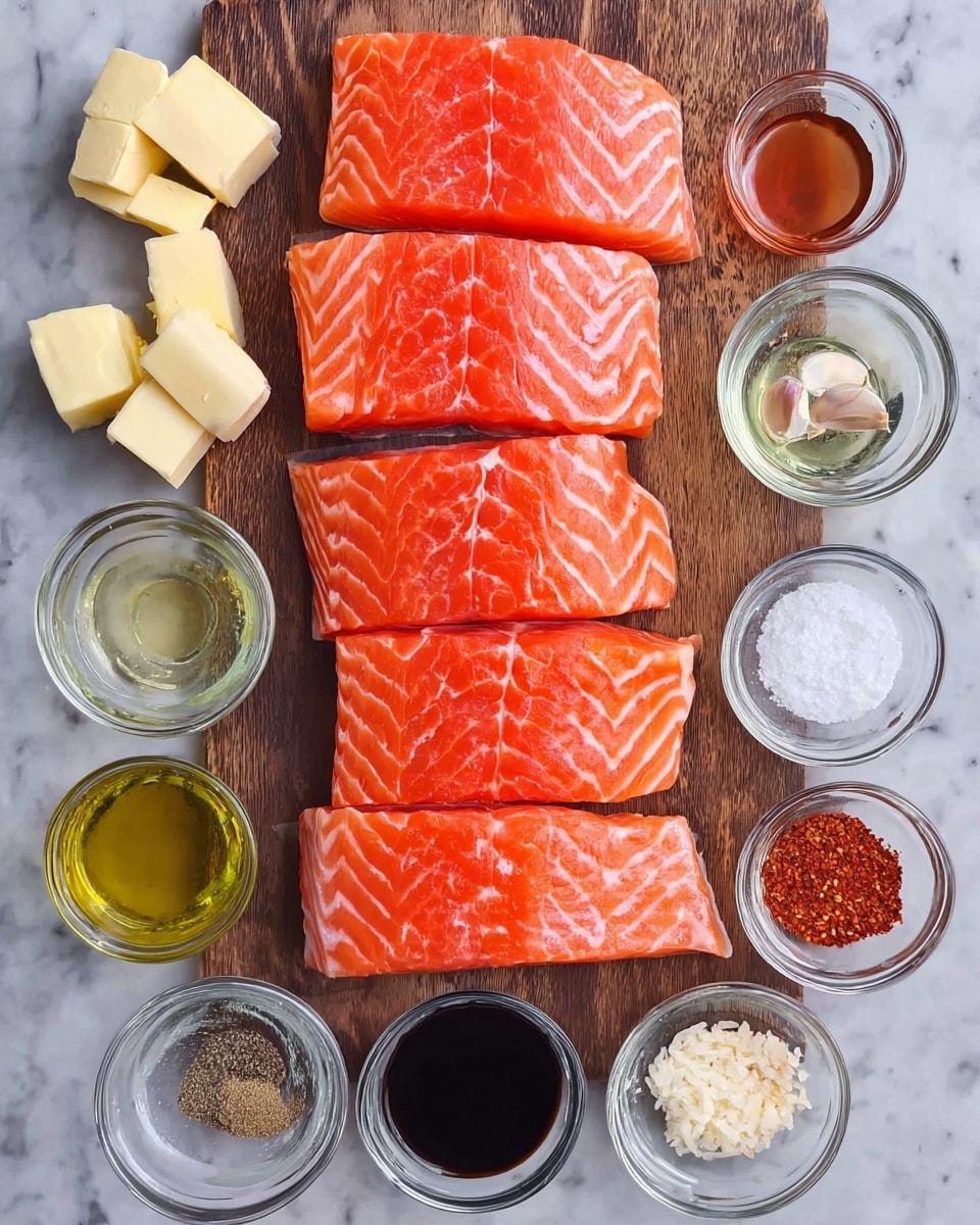The image shows five raw salmon fillets with a bright orange color and white lines, neatly placed side by side on a wooden board that has a natural wood grain pattern. Surrounding the salmon on the white marbled surface are small clear glass bowls containing various ingredients: two bowls of light yellow cubed butter, white powdery salt, greenish-yellow olive oil, clear light liquid, dark soy sauce, clear liquid, finely chopped garlic, white powder, bright red spice powder, light brown sugar, black pepper, coarse salt, clear vinegar, and a small bowl with a reddish-brown sauce that looks like chili oil. The colors and textures stand out against the white marbled surface, creating a clean and organized look. Photo taken with an iphone --ar 4:5 --v 7