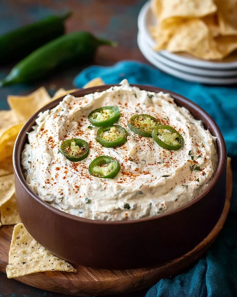 A close-up of a bowl filled with creamy white dip that has small black specks all over. On top, there are four round slices of bright green jalapeño pepper with visible seeds and pieces of dark green cilantro leaves scattered around. The dip looks smooth with some swirled texture. The bowl is white and sits on a white marbled surface with light yellow tortilla chips arranged around it. Photo taken with an iphone --ar 4:5 --v 7