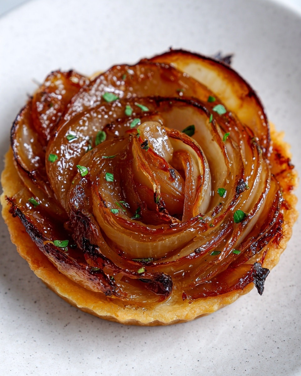 The image shows a small round tart with caramelized onion slices arranged in an overlapping spiral pattern on top. The onions have a golden brown color with some darker caramelized edges and a shiny glaze coating. Small chopped green herbs are sprinkled lightly over the onions. The tart crust underneath is golden and slightly crispy, visible around the edges. The tart is placed on a white plate with a white marbled texture background. photo taken with an iphone --ar 4:5 --v 7