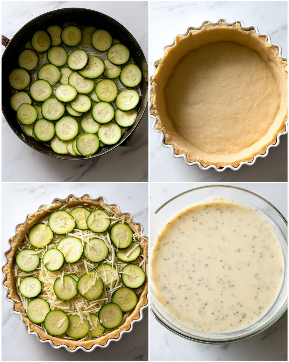 The image collage shows four steps of making a zucchini quiche. The first part has thin green zucchini slices cooking in a black pan with a smooth, slightly shiny texture. The second part shows an uncooked beige dough crust pressed into a white fluted pie dish, sitting on a white marbled surface. The third part shows a layer of shredded white cheese at the bottom of the white dish, topped with an even layer of the cooked zucchini slices. The last part shows a glass bowl pouring a creamy light yellow liquid mixed with black specks evenly over the zucchini inside the dough crust. Photo taken with an iphone --ar 4:5 --v 7