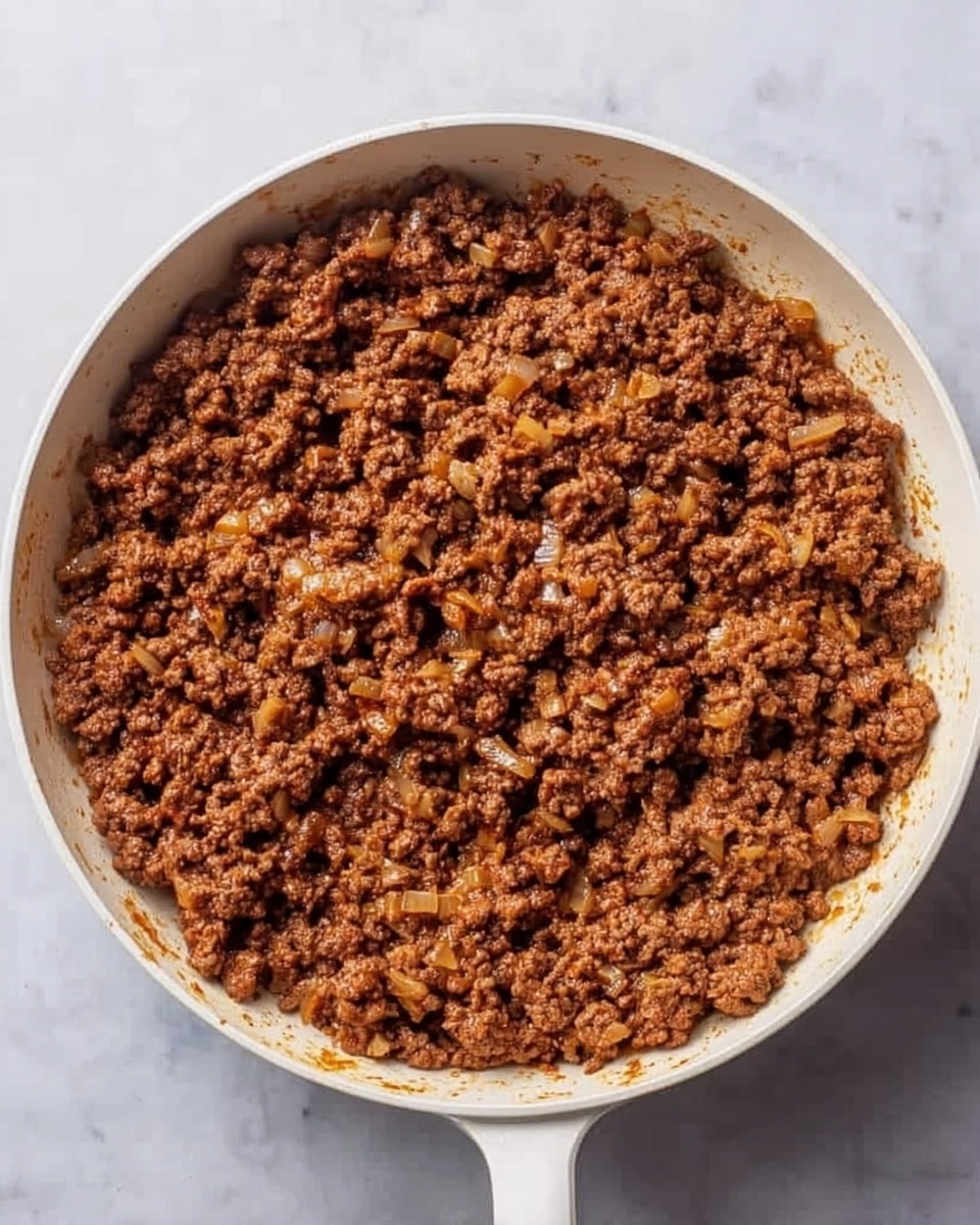A white pan filled with cooked ground beef mixed with small pieces of cooked onions, creating a textured look with dark brown and light brown shades mixed with hints of soft yellow from the onions. The meat mixture covers the entire pan evenly, showing a crumbly and slightly moist texture. The pan rests on a white marbled surface with the pan’s handle extending slightly out. Photo taken with an iphone --ar 4:5 --v 7