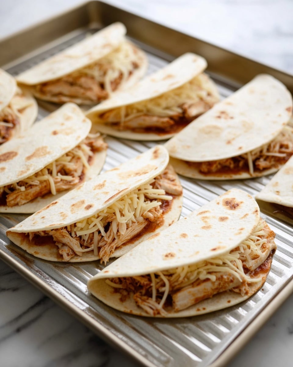Two small white tortillas lie flat on a light wooden surface, each spread with a thick layer of brown refried beans on the right half and topped with shredded light yellow cheese and light brown shredded chicken on the left half. Below them, the same two tortillas are folded in half, showing the fillings slightly spilling at the edges, with the folded side facing right. The textures are soft for the tortillas, smooth for the beans, and finely shredded for the chicken and cheese. Photo taken with an iphone --ar 4:5 --v 7
