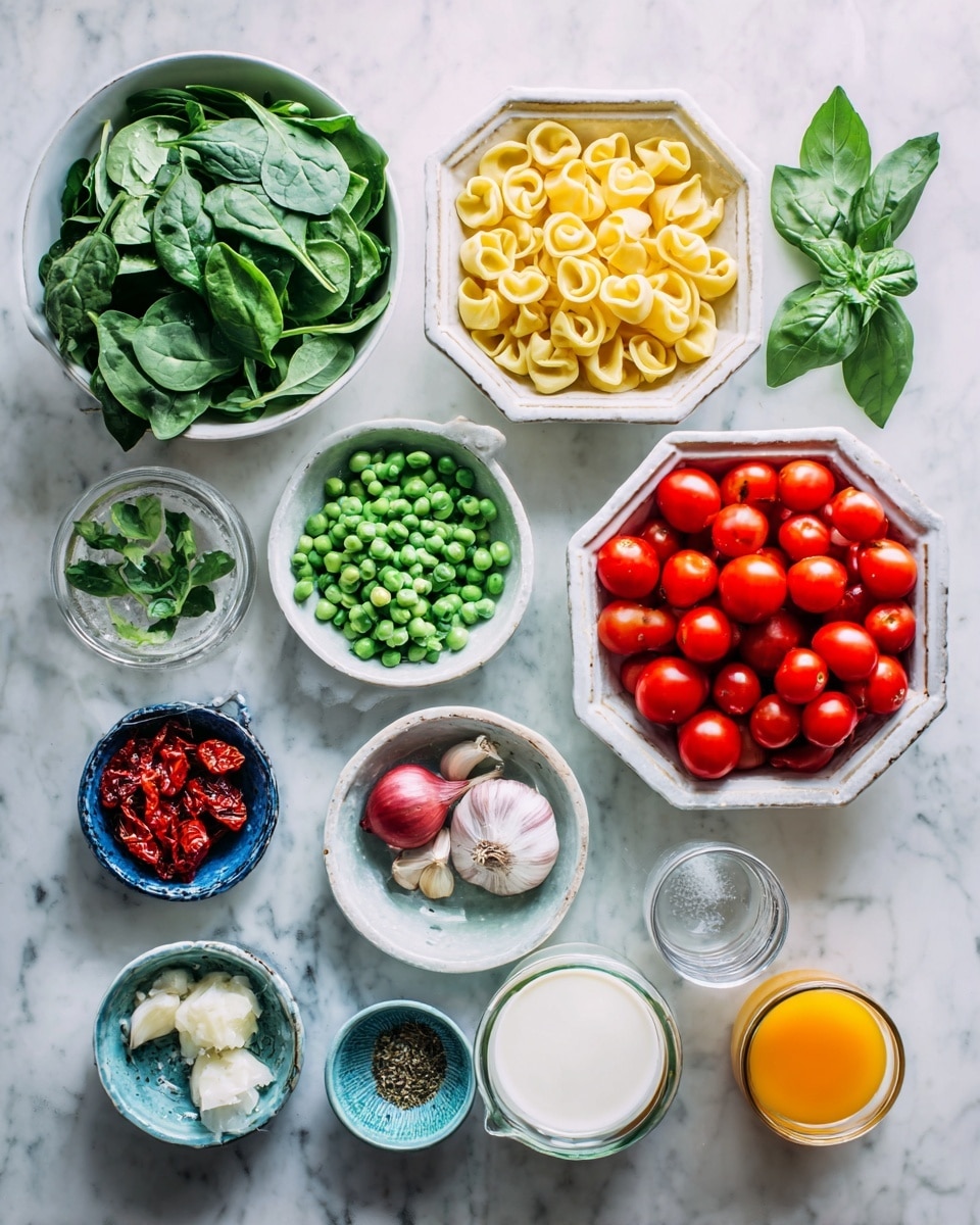 The image shows a top view of various fresh ingredients arranged neatly on a white marbled surface. There are eleven small bowls and glasses, each containing different items: a white bowl filled with fresh green spinach leaves, a white bowl with yellow tortellini, a white bowl with green peas, a white octagonal bowl full of bright red cherry tomatoes, a small bowl with green basil leaves, another small bowl with garlic cloves, a bowl with dried red sun-dried tomatoes, a bowl with grated cheese, a small bowl holding shallots, a small blue bowl with salt, pepper, and dried herbs, and two clear glasses, one with white milk or cream and the other empty. There is also a glass with orange liquid, possibly broth or juice. The arrangement is clean and colorful, highlighting the fresh ingredients used for cooking. photo taken with an iphone --ar 4:5 --v 7