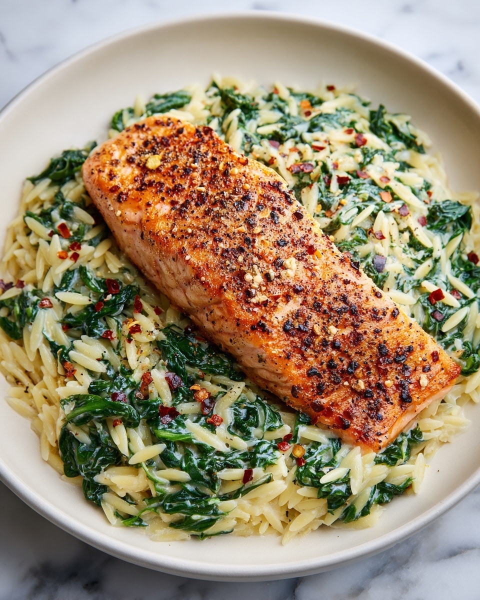 A white pan filled with a bed of small, pale yellow orzo pasta mixed with bright green spinach leaves, scattered evenly throughout. On top, four pieces of cooked salmon with a golden-brown crust and visible pepper seasoning are placed closely but not overlapping. A wooden spoon rests in the pan, partly covered by the pasta and spinach mix. The pan is set on a wooden surface. Photo taken with an iphone --ar 4:5 --v 7