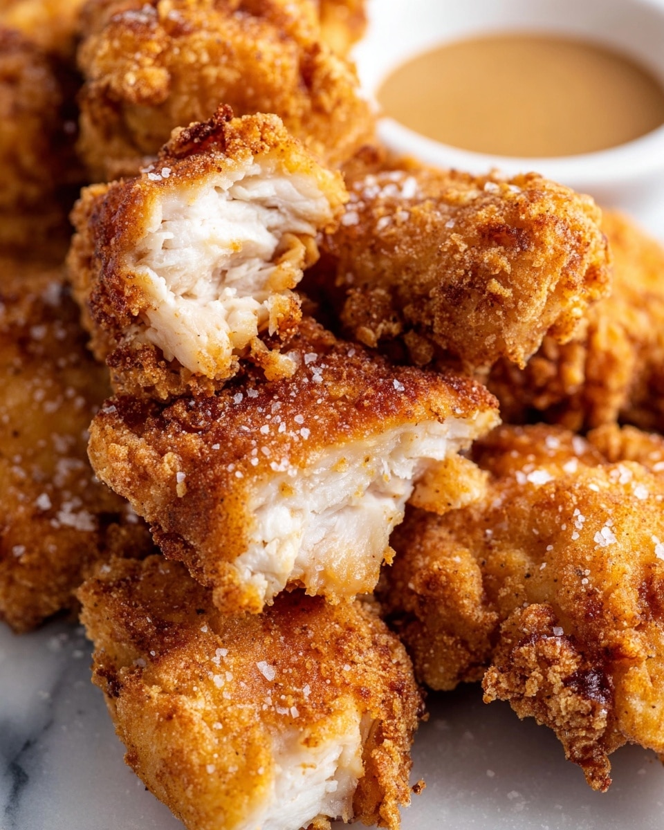 A close-up view of several pieces of crispy fried chicken with a golden brown crunchy coating stacked together, some pieces showing tender white meat inside where they are broken. The fried chicken pieces have a rough texture with sprinkled salt flakes on top. On the side, there is a small white bowl filled with light brown dipping sauce. The dish is on a white marbled surface. photo taken with an iphone --ar 4:5 --v 7