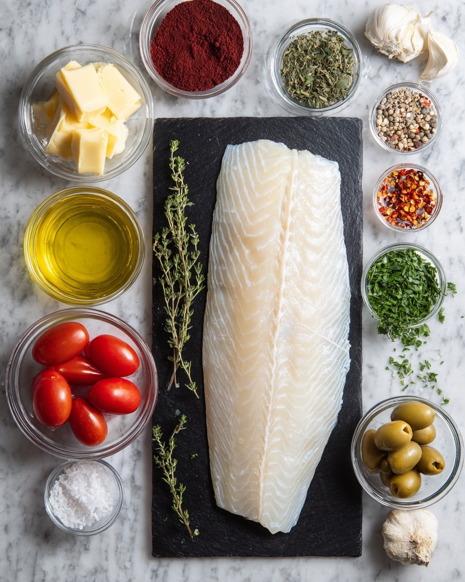 A large white fish fillet lies flat in the center on a black rectangular slate board, showing its light, smooth texture and fine layers of muscle. Around the fish, small clear and white bowls hold bright, colorful ingredients arranged neatly on a white marbled textured surface: deep red paprika powder, dark green Italian seasoning, rich golden butter blocks, clear yellow oil, bright red cherry tomatoes in a clear container, shiny light green olives in a round clear bowl, finely chopped green parsley, fresh thyme sprigs with woody stems, small white garlic pieces, coarse salt, whole black peppercorns, pale yellow fish seasoning, and small white bowls with red chili flakes. Each ingredient sits distinctly apart, creating a clean, organized look. photo taken with an iphone --ar 4:5 --v 7