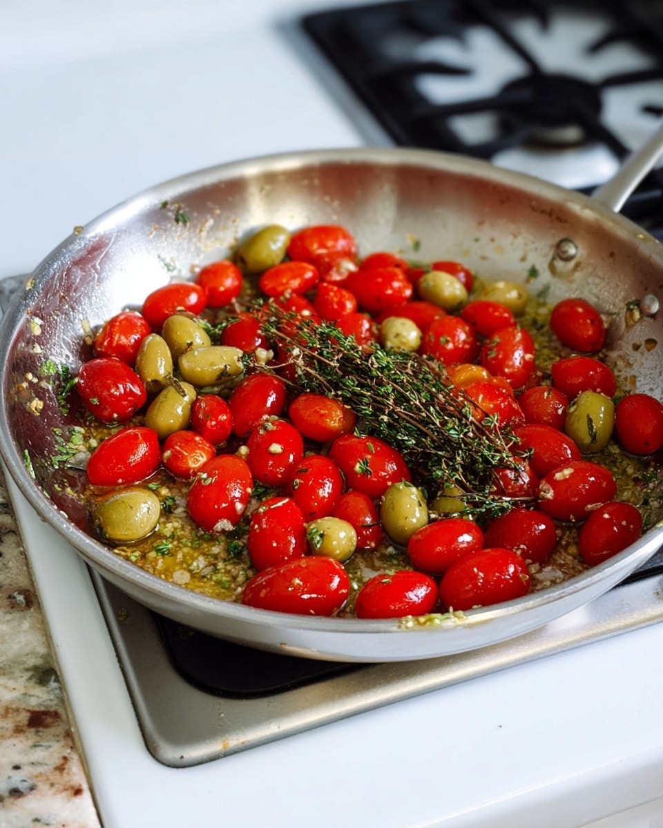 A silver frying pan on a white marbled stove holds a mixture of small bright red grape tomatoes and light green olives, all glistening with oil. There are bits of chopped green herbs scattered among the tomatoes and olives, and a whole small sprig of thyme lies on top. The pan also shows traces of garlic and herb bits stuck to its surface from cooking. The scene is bright and clean, with a home kitchen feel. photo taken with an iphone --ar 4:5 --v 7
