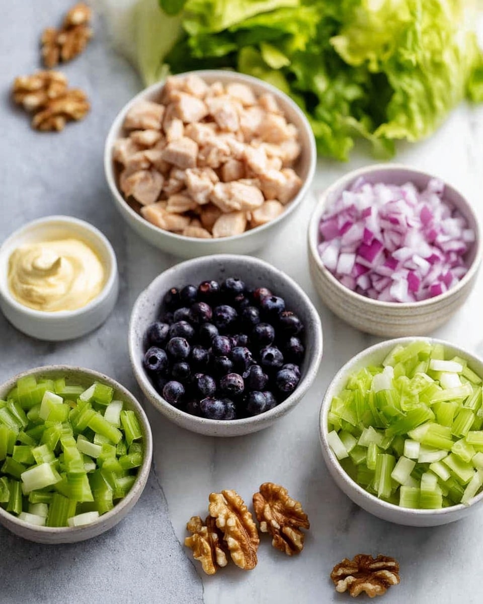 This image shows several white bowls arranged on a white marbled surface, each filled with different ingredients. At the back, one bowl holds light brown diced cooked chicken, and behind it is a bunch of bright green lettuce leaves. In front of the chicken bowl, there is a bowl full of dark blue blueberries. Next to it, a smaller bowl contains chopped red onions with white and pink pieces. To the left of the onions, another bowl holds chopped green celery. A small bowl of pale yellow mayonnaise is placed behind the celery. In the front, a few light brown walnut halves are scattered on the white marbled surface. photo taken with an iphone --ar 4:5 --v 7