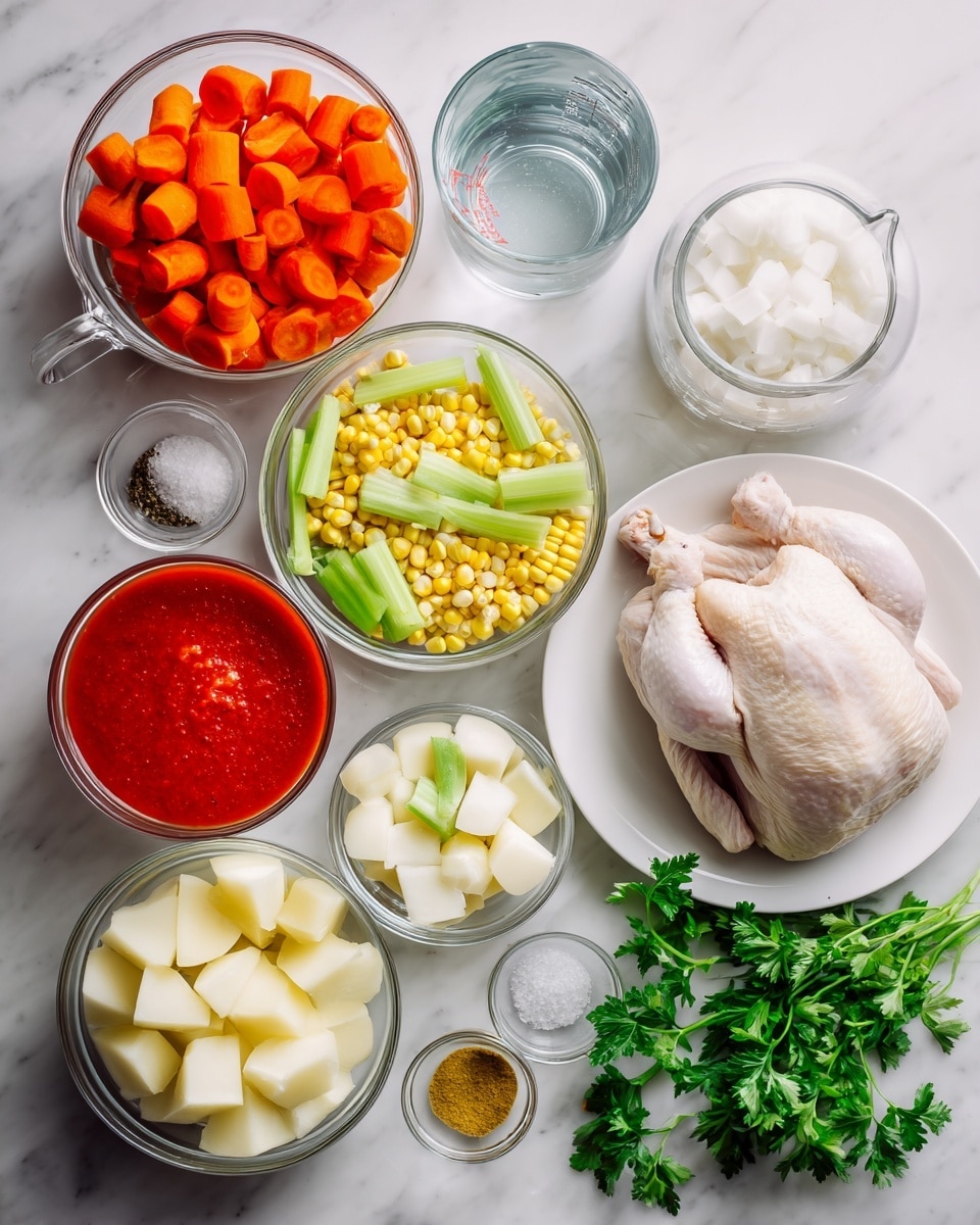 The image shows ingredients for cooking, arranged neatly on a white marbled surface. There is a whole raw chicken placed on a white plate to the right, showing its pale skin and rounded shape. Around it are clear glass bowls containing chopped white onions, sliced orange carrots, green celery sticks, cubed white potatoes, yellow corn kernels, and peeled whole red tomatoes. One bowl contains thick red tomato sauce, another has clear water in a glass measuring cup, and small glass containers hold salt, pepper, bay leaves, and a yellow spice. Fresh green parsley leaves are spread near the bottom right. The colors vary from bright orange, green, and yellow to soft white and red, with the glass bowls showing the textures clearly. Photo taken with an iphone --ar 4:5 --v 7