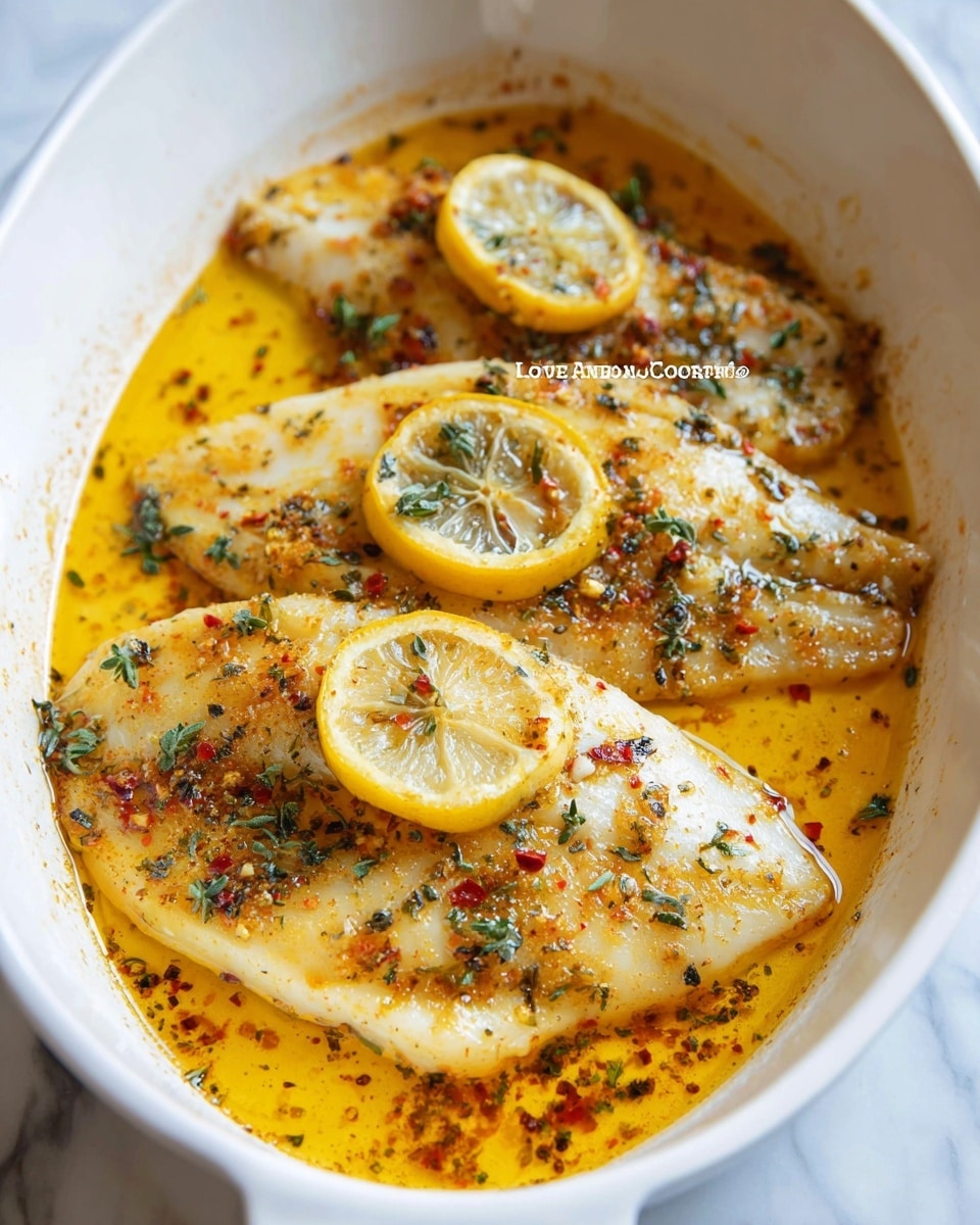The image shows three cooked chicken pieces on a white plate, each piece topped with a slice of bright yellow lemon. The chicken has a light golden color with specks of herbs and red spices scattered all over. A yellow oily sauce, mixed with herbs and spices, surrounds the chicken, creating a glistening effect. The chicken pieces are layered close together and garnished with small green herb leaves. The white marbled surface underneath the plate is faintly visible around the edges. Photo taken with an iphone --ar 4:5 --v 7