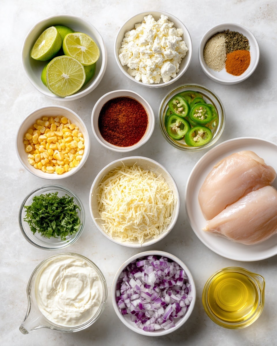 A top view of various small white bowls and a white plate arranged on a white marbled surface, each holding different ingredients: one bowl with light green lime wedges, one bowl with white crumbly queso fresco cheese, one bowl with bright green diced jalapeno, one bowl with a mixture of red chili powder, brown cumin, black pepper, salt, and orange seasoning, one bowl filled with white shredded Monterey Jack cheese, one bowl with smooth white sour cream, one small bowl with chopped green cilantro, a clear glass measuring cup containing golden yellow chicken stock, a small white bowl with light yellow olive oil, a white bowl holding yellow roasted corn kernels, a white bowl filled with diced purple and white red onion and garlic, and a white plate holding two raw pale pink chicken pieces. photo taken with an iphone --ar 4:5 --v 7