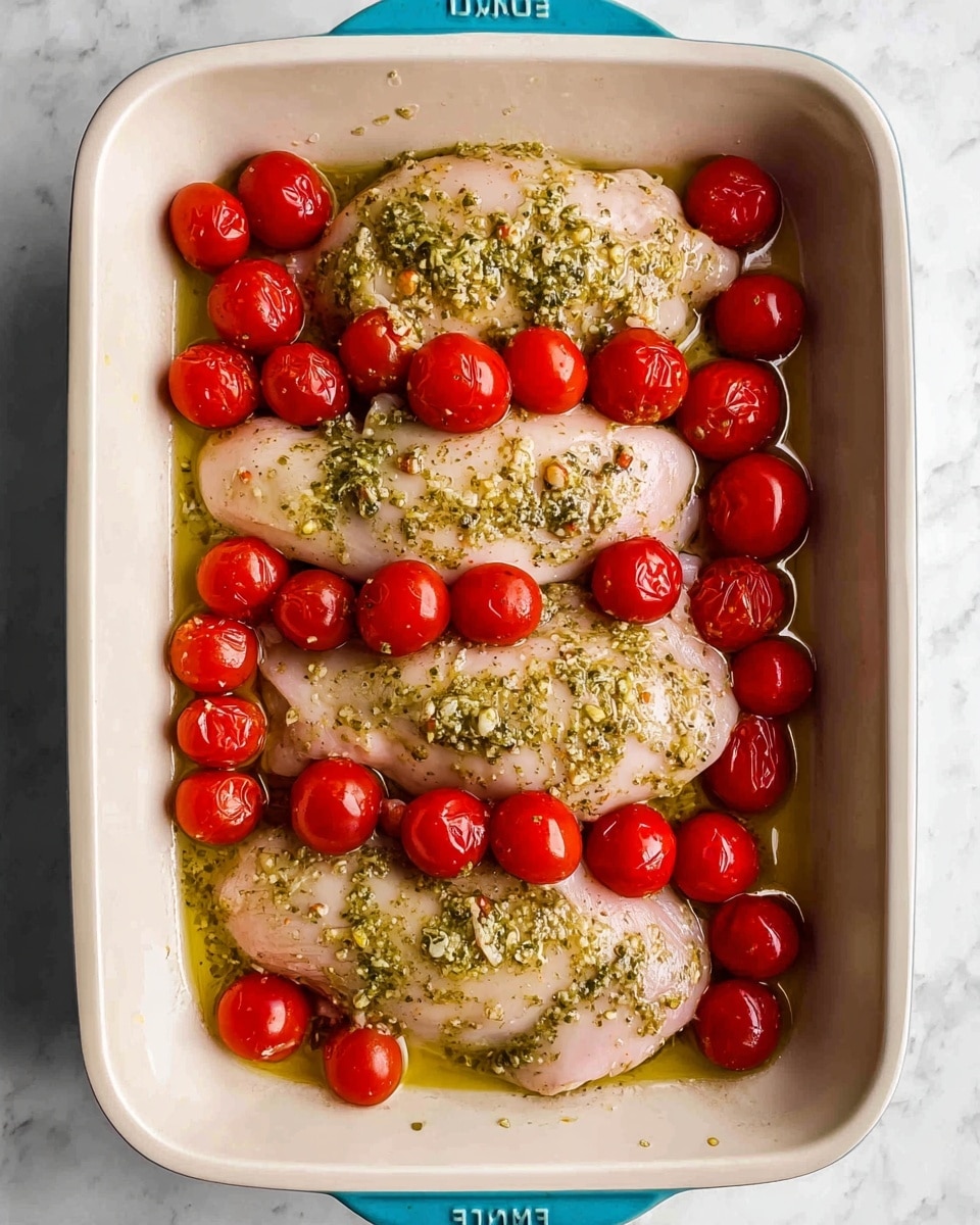 The image shows a white baking dish with four raw chicken pieces placed flat inside, arranged in two columns and two rows, each piece covered with a light green herb and garlic sauce that has a slightly oily texture. Around and partially on top of the chicken are many small, round, bright red cherry tomatoes spread unevenly. The dish is resting on a white marbled surface, and the upper edge of the baking dish is light blue with a brand name visible. photo taken with an iphone --ar 4:5 --v 7
