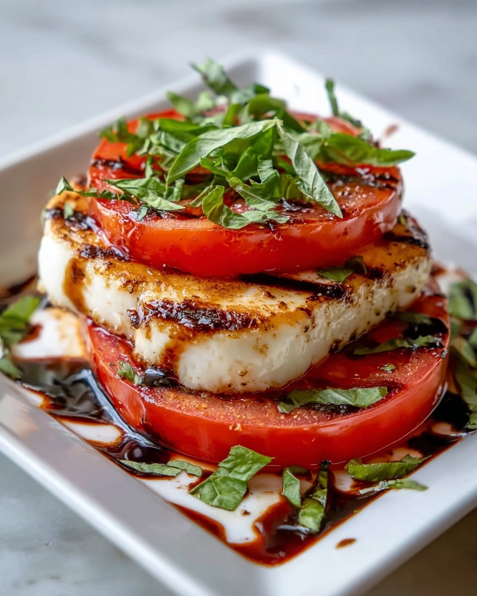 The image shows a white square plate with a simple stacked dish of grilled white cheese and sliced red tomatoes. The bottom layer is two thick slices of red tomato with some green herb pieces scattered on top. Above that is a thick slice of white grilled cheese with grill marks showing a slight brown color. On top of the cheese is another thick tomato slice with scattered chopped green herbs. Dark, shiny balsamic glaze is drizzled over the whole stack and the plate, adding contrast and shine. A small bunch of fresh green basil leaves is placed on the top slice of tomato. The background is a white marbled texture. photo taken with an iphone --ar 4:5 --v 7