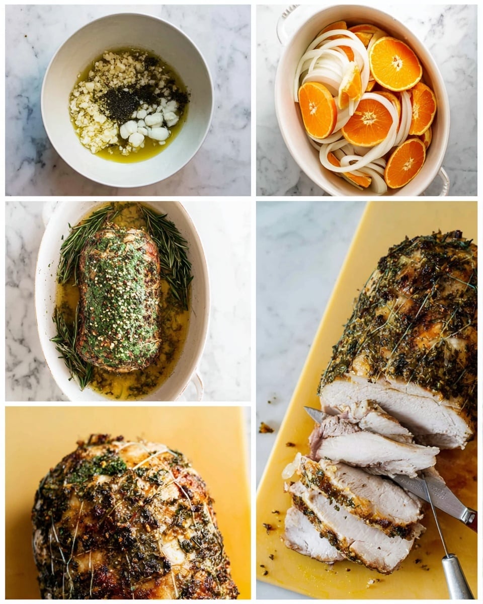 The collage shows six images of a cooking process with a white marbled surface background. The first image has a white bowl filled with layers of minced garlic, fresh green herbs, coarse salt, black pepper, and olive oil. The second image shows a white oval dish with a layer of orange slices and white onion rings inside. The third image shows a white oval dish where a seasoned and netted meat piece sits on the orange and onion layer, topped with green herb mixture. The fourth image is a close-up of the roasted meat, showing a golden, slightly browned, and herb-crusted surface. The fifth image shows a knife slicing through the tied, cooked meat on a pale yellow cutting board. The last image shows slices of the cooked meat, revealing a juicy white inside with a well-seasoned crust. photo taken with an iphone --ar 4:5 --v 7