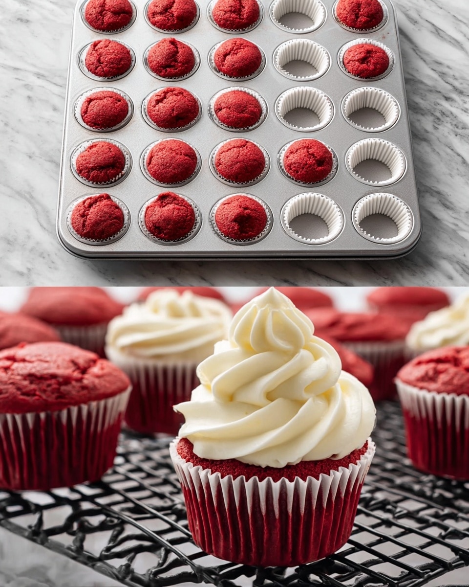 The image shows two muffin trays on a white marbled surface. The tray on the left has 12 unbaked red cupcake batter portions in white paper liners, each with rough, textured tops and uneven fills. The tray on the right holds 12 baked red cupcakes in white liners, each with a smooth, slightly cracked top and a uniform rise. Below, a close-up shows a red velvet cupcake with three thick, creamy, swirled layers of white frosting shaped like soft peaks, sitting on a black cooling rack with other similar frosted cupcakes blurred in the background. photo taken with an iphone --ar 4:5 --v 7