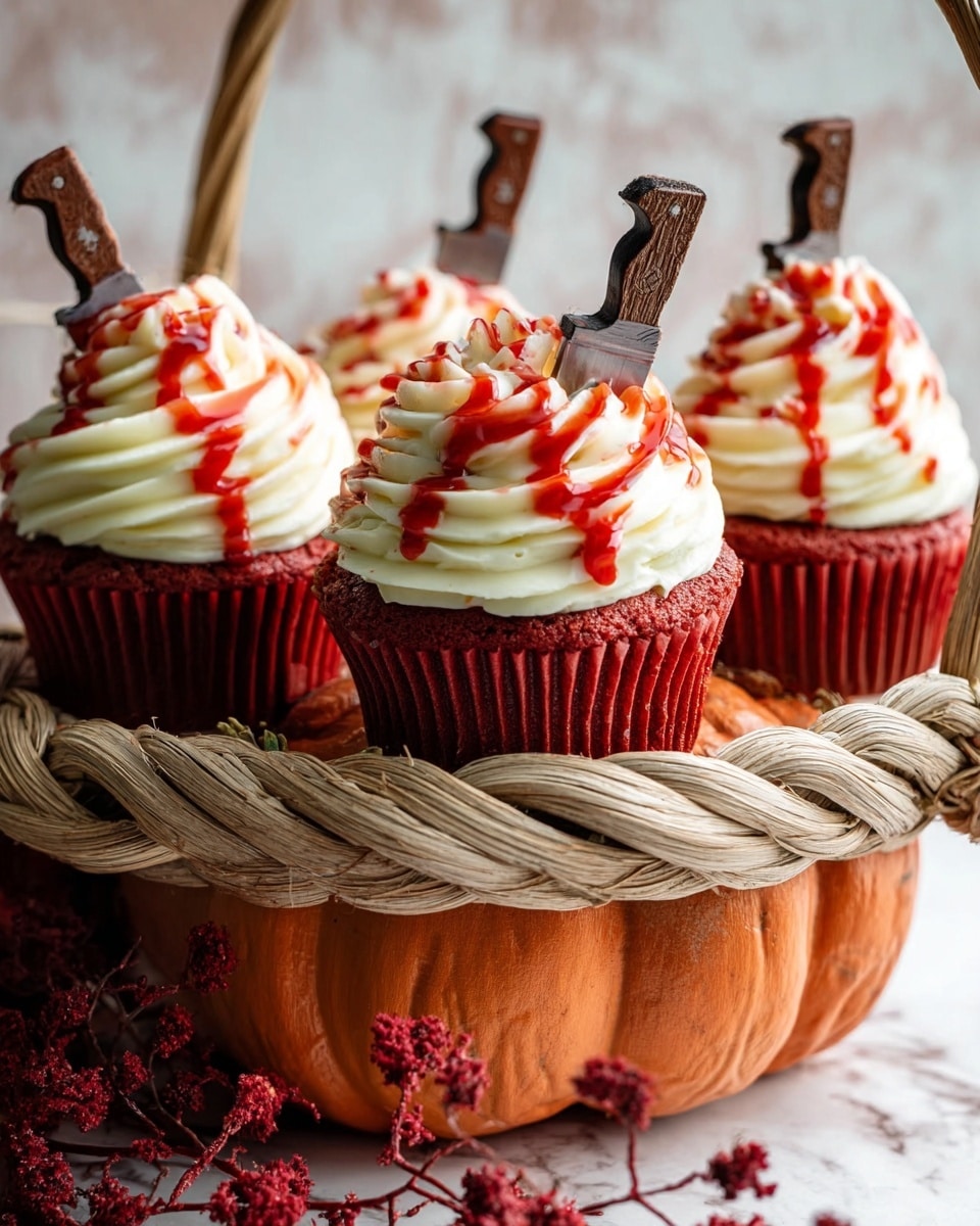 The image shows four red cupcakes arranged in a small woven basket with a pumpkin base, sitting on a white marbled surface. Each cupcake has a thick swirl of creamy white frosting on top, with a bright red syrup drizzled over the frosting, looking like dripping blood. Small, detailed knife decorations are stuck into the frosting on each cupcake, giving a spooky effect. The basket has small red berry accents and natural-colored wicker. Photo taken with an iphone --ar 4:5 --v 7