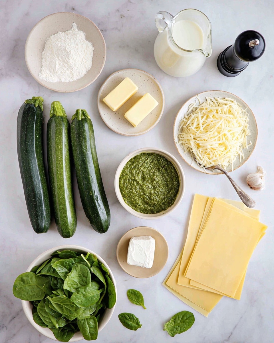 The image shows ingredients neatly arranged on a white marbled surface, ready to make a dish. There are three long, dark green zucchinis lined up on the left side. Near them is a white bowl with white flour and a small plate with three pieces of pale yellow butter. Above the flour is a small white bowl filled with shredded white cheese. Next to the cheese is a light-colored bowl with thick, green pesto sauce and a spoon inside. Above the pesto are four sheets of pale yellow lasagna pasta, and another four sheets lie at the bottom right of the image. A small beige cup holds white ricotta cheese close to the bottom edge. There is also a bowl full of fresh bright green spinach leaves near the center, with two spinach leaves scattered beside it. A clear glass pitcher with white milk is on the top left, and a black pepper grinder is beside it. Three garlic cloves are placed in between the zucchinis and butter. Photo taken with an iphone --ar 4:5 --v 7