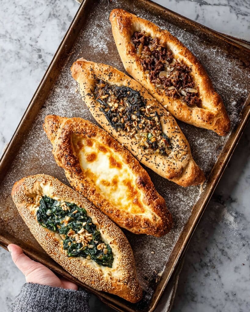 Turkish Pide (Flatbread Pizza) with Cheese, Spinach, or Meat Fillings Recipe