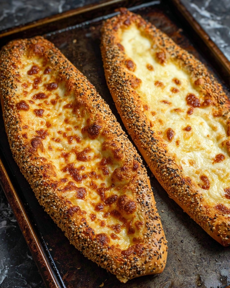 The image shows two long, boat-shaped flatbreads on a dark baking tray with a white marbled texture underneath. Each flatbread has a thick, golden-brown sesame seed crust around the edges, rough and textured with many seeds. Inside the crust, there is a layer of melted cheese that is bubbly and slightly browned on top, with one flatbread having a smoother, creamier cheese layer that looks lighter in color. The flatbreads have a slightly crisp and toasted appearance on the edges. Photo taken with an iphone --ar 4:5 --v 7